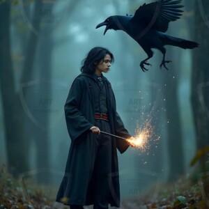 Explore AI-generated House Ravenclaw art handsome shirtless wizards from the raven house of Hogwarts summoning massive protective ravens. Fantasy wizard school digital art.