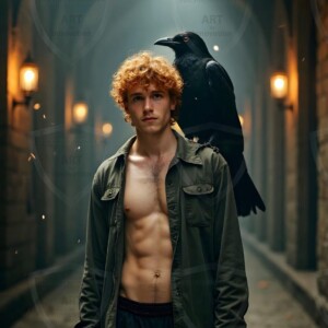 Explore AI-generated House Ravenclaw art handsome shirtless wizards from the raven house of Hogwarts summoning massive protective ravens. Fantasy wizard school digital art.