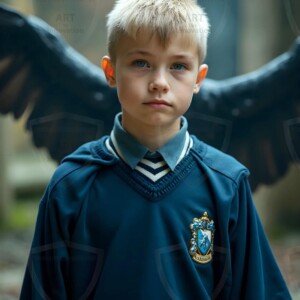 Explore AI-generated House Ravenclaw art handsome shirtless wizards from the raven house of Hogwarts summoning massive protective ravens. Fantasy wizard school digital art.