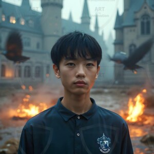 Explore AI-generated House Ravenclaw art handsome shirtless wizards from the raven house of Hogwarts summoning massive protective ravens. Fantasy wizard school digital art.