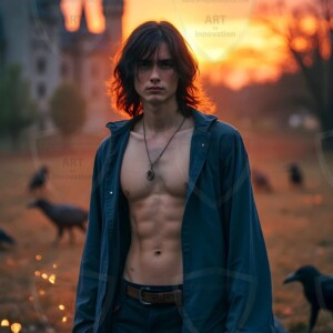 Explore AI-generated House Ravenclaw art handsome shirtless wizards from the raven house of Hogwarts summoning massive protective ravens. Fantasy wizard school digital art.