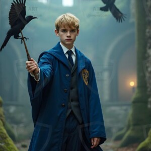 Explore AI-generated House Ravenclaw art handsome shirtless wizards from the raven house of Hogwarts summoning massive protective ravens. Fantasy wizard school digital art.