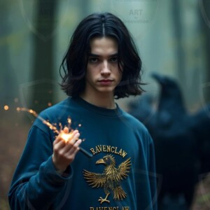 Explore AI-generated House Ravenclaw art handsome shirtless wizards from the raven house of Hogwarts summoning massive protective ravens. Fantasy wizard school digital art.