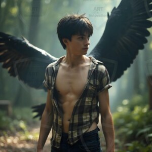 Explore AI-generated House Ravenclaw art handsome shirtless wizards from the raven house of Hogwarts summoning massive protective ravens. Fantasy wizard school digital art.