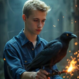 Explore AI-generated House Ravenclaw art handsome shirtless wizards from the raven house of Hogwarts summoning massive protective ravens. Fantasy wizard school digital art.