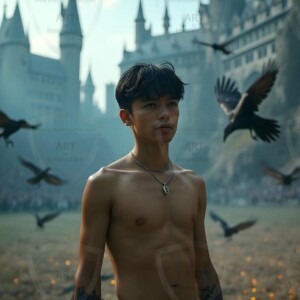 Explore AI-generated House Ravenclaw art handsome shirtless wizards from the raven house of Hogwarts summoning massive protective ravens. Fantasy wizard school digital art.