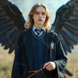 Explore AI-generated House Ravenclaw art handsome shirtless wizards from the raven house of Hogwarts summoning massive protective ravens. Fantasy wizard school digital art.