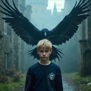 Explore AI-generated House Ravenclaw art handsome shirtless wizards from the raven house of Hogwarts summoning massive protective ravens. Fantasy wizard school digital art.