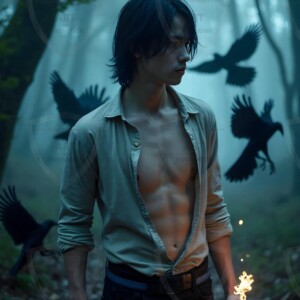 Explore AI-generated House Ravenclaw art handsome shirtless wizards from the raven house of Hogwarts summoning massive protective ravens. Fantasy wizard school digital art.