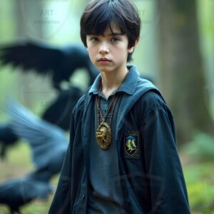 Explore AI-generated House Ravenclaw art handsome shirtless wizards from the raven house of Hogwarts summoning massive protective ravens. Fantasy wizard school digital art.