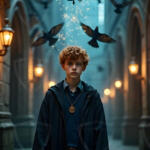 Explore AI-generated House Ravenclaw art handsome shirtless wizards from the raven house of Hogwarts summoning massive protective ravens. Fantasy wizard school digital art.
