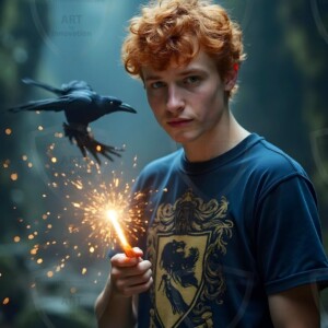 Explore AI-generated House Ravenclaw art handsome shirtless wizards from the raven house of Hogwarts summoning massive protective ravens. Fantasy wizard school digital art.