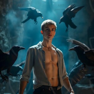 Explore AI-generated House Ravenclaw art handsome shirtless wizards from the raven house of Hogwarts summoning massive protective ravens. Fantasy wizard school digital art.