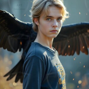 Explore AI-generated House Ravenclaw art handsome shirtless wizards from the raven house of Hogwarts summoning massive protective ravens. Fantasy wizard school digital art.