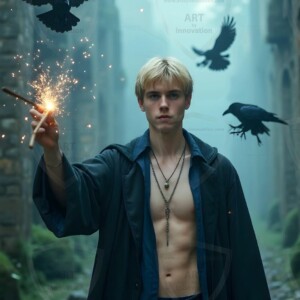 Explore AI-generated House Ravenclaw art handsome shirtless wizards from the raven house of Hogwarts summoning massive protective ravens. Fantasy wizard school digital art.