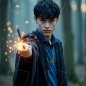 Explore AI-generated House Ravenclaw art handsome shirtless wizards from the raven house of Hogwarts summoning massive protective ravens. Fantasy wizard school digital art.