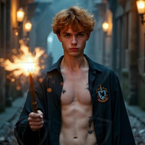 Explore AI-generated House Ravenclaw art handsome shirtless wizards from the raven house of Hogwarts summoning massive protective ravens. Fantasy wizard school digital art.