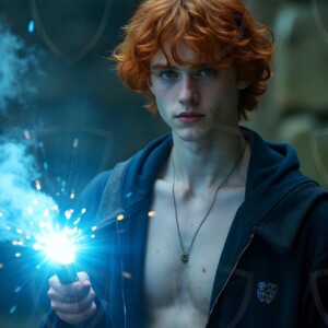 Explore AI-generated House Ravenclaw art handsome shirtless wizards from the raven house of Hogwarts summoning massive protective ravens. Fantasy wizard school digital art.