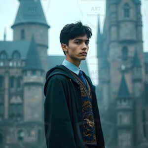 Explore AI-generated House Ravenclaw art handsome shirtless wizards from the raven house of Hogwarts summoning massive protective ravens. Fantasy wizard school digital art.