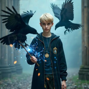 Explore AI-generated House Ravenclaw art handsome shirtless wizards from the raven house of Hogwarts summoning massive protective ravens. Fantasy wizard school digital art.