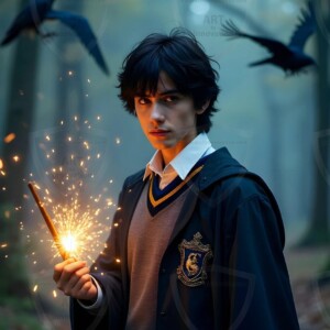 Explore AI-generated House Ravenclaw art handsome shirtless wizards from the raven house of Hogwarts summoning massive protective ravens. Fantasy wizard school digital art.