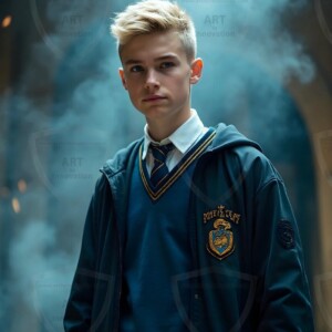 Explore AI-generated House Ravenclaw art handsome shirtless wizards from the raven house of Hogwarts summoning massive protective ravens. Fantasy wizard school digital art.