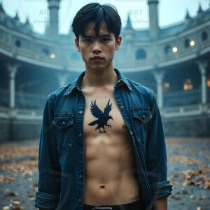 Explore AI-generated House Ravenclaw art handsome shirtless wizards from the raven house of Hogwarts summoning massive protective ravens. Fantasy wizard school digital art.