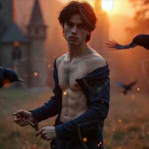 Explore AI-generated House Ravenclaw art handsome shirtless wizards from the raven house of Hogwarts summoning massive protective ravens. Fantasy wizard school digital art.