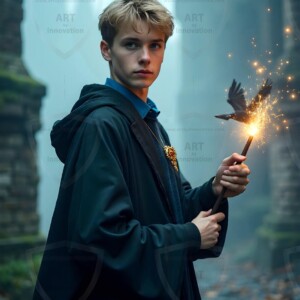 Explore AI-generated House Ravenclaw art handsome shirtless wizards from the raven house of Hogwarts summoning massive protective ravens. Fantasy wizard school digital art.