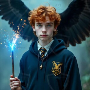 Explore AI-generated House Ravenclaw art handsome shirtless wizards from the raven house of Hogwarts summoning massive protective ravens. Fantasy wizard school digital art.
