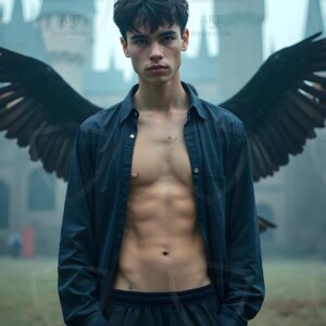 Explore AI-generated House Ravenclaw art handsome shirtless wizards from the raven house of Hogwarts summoning massive protective ravens. Fantasy wizard school digital art.