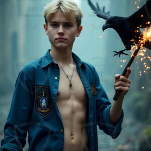 Explore AI-generated House Ravenclaw art handsome shirtless wizards from the raven house of Hogwarts summoning massive protective ravens. Fantasy wizard school digital art.