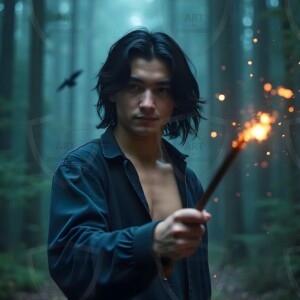 Explore AI-generated House Ravenclaw art handsome shirtless wizards from the raven house of Hogwarts summoning massive protective ravens. Fantasy wizard school digital art.
