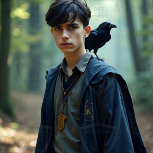Explore AI-generated House Ravenclaw art handsome shirtless wizards from the raven house of Hogwarts summoning massive protective ravens. Fantasy wizard school digital art.