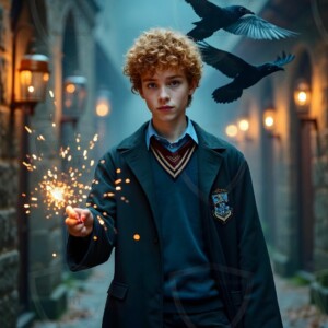 Explore AI-generated House Ravenclaw art handsome shirtless wizards from the raven house of Hogwarts summoning massive protective ravens. Fantasy wizard school digital art.