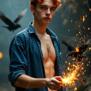 Explore AI-generated House Ravenclaw art handsome shirtless wizards from the raven house of Hogwarts summoning massive protective ravens. Fantasy wizard school digital art.