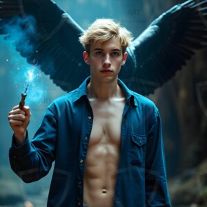 Explore AI-generated House Ravenclaw art handsome shirtless wizards from the raven house of Hogwarts summoning massive protective ravens. Fantasy wizard school digital art.