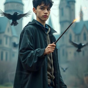 Explore AI-generated House Ravenclaw art handsome shirtless wizards from the raven house of Hogwarts summoning massive protective ravens. Fantasy wizard school digital art.