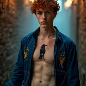 Explore AI-generated House Ravenclaw art handsome shirtless wizards from the raven house of Hogwarts summoning massive protective ravens. Fantasy wizard school digital art.