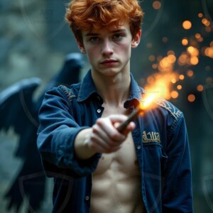 Explore AI-generated House Ravenclaw art handsome shirtless wizards from the raven house of Hogwarts summoning massive protective ravens. Fantasy wizard school digital art.
