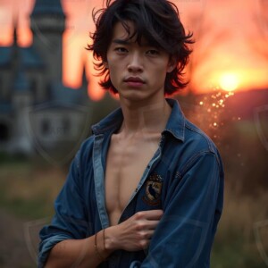 Explore AI-generated House Ravenclaw art handsome shirtless wizards from the raven house of Hogwarts summoning massive protective ravens. Fantasy wizard school digital art.