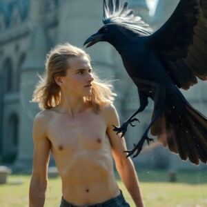 Explore AI-generated House Ravenclaw art handsome shirtless wizards from the raven house of Hogwarts summoning massive protective ravens. Fantasy wizard school digital art.