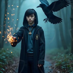 Explore AI-generated House Ravenclaw art handsome shirtless wizards from the raven house of Hogwarts summoning massive protective ravens. Fantasy wizard school digital art.