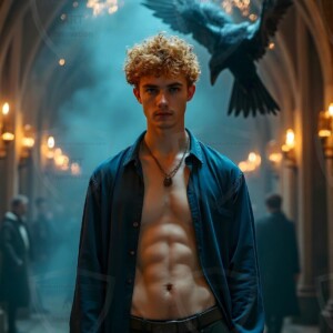 Explore AI-generated House Ravenclaw art handsome shirtless wizards from the raven house of Hogwarts summoning massive protective ravens. Fantasy wizard school digital art.