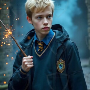 Explore AI-generated House Ravenclaw art handsome shirtless wizards from the raven house of Hogwarts summoning massive protective ravens. Fantasy wizard school digital art.
