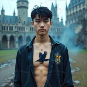 Explore AI-generated House Ravenclaw art handsome shirtless wizards from the raven house of Hogwarts summoning massive protective ravens. Fantasy wizard school digital art.