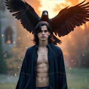 Explore AI-generated House Ravenclaw art handsome shirtless wizards from the raven house of Hogwarts summoning massive protective ravens. Fantasy wizard school digital art.