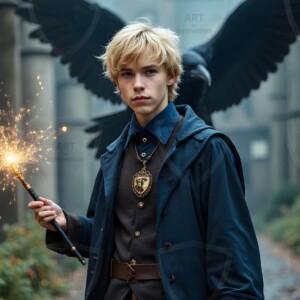Explore AI-generated House Ravenclaw art handsome shirtless wizards from the raven house of Hogwarts summoning massive protective ravens. Fantasy wizard school digital art.