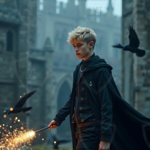 Explore AI-generated House Ravenclaw art handsome shirtless wizards from the raven house of Hogwarts summoning massive protective ravens. Fantasy wizard school digital art.