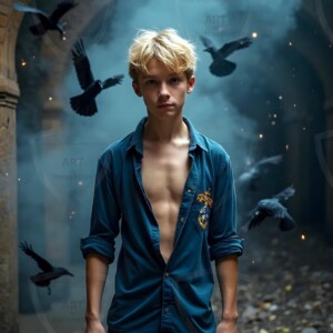 Explore AI-generated House Ravenclaw art — handsome shirtless wizards from the raven house of Hogwarts summoning massive protective ravens. Fantasy wizard school digital art.